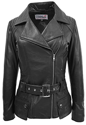 House of Leather Damen Echtes Leder Biker Jacke Kreuzreißverschluss mit Taillengürtel Celia Schwarz 44 von House of Leather