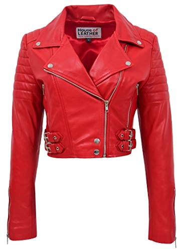 House of Leather Damen Echtes Leder Biker-Stil Jacke Kurz geschoren Länge Demi Rot 34 von House of Leather