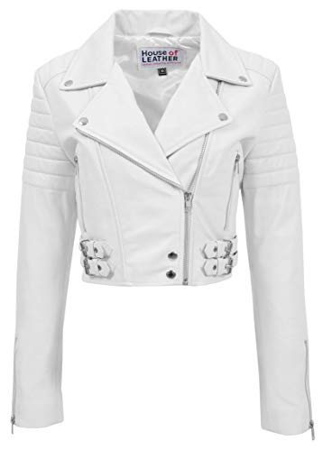 House of Leather Damen Echtes Leder Biker-Stil Jacke Kurz geschoren Länge Demi Weiß 38 von House of Leather