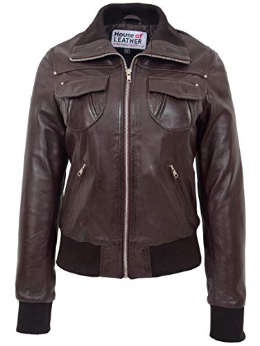 House of Leather Damen Echtes Leder Bomber Jacke Slim Fit Blouson Motto Braun 44 von House of Leather