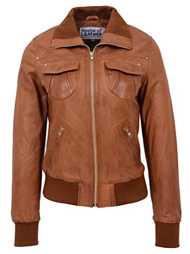 House of Leather Damen Echtes Leder Bomber Jacke Slim Fit Blouson Motto Hautfarben 46 von House of Leather