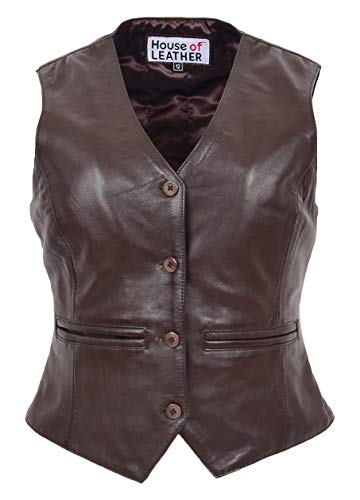 House of Leather Damen Echtes Leder Weste Knopfverschluss Traditionell Stil Rita (34, Braun) von House of Leather