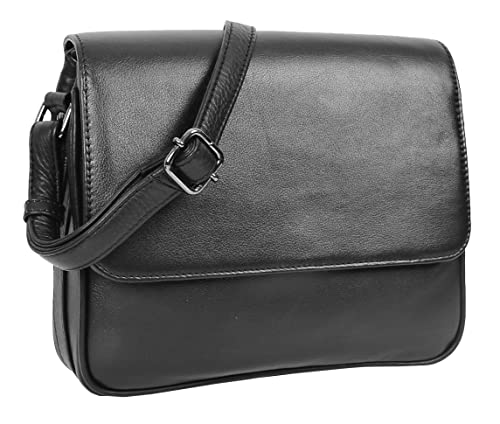 House of Leather Damen Ledertasche mit Überschlag Organizer Umhängetasche HOL324 Schwarz von House of Leather