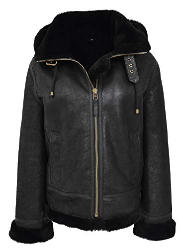 House of Leather Damen Real Schaffell B3 Mit Kapuze Jacke Flieger Pilot Stil Naomi Schwarz 40 von House of Leather