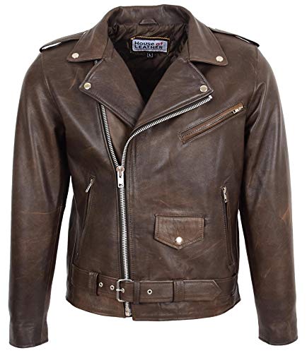 House of Leather Herren Echt Leder Biker Jacke Kreuzen Reißverschluss Brando Stil Kyle Antik Braun XL von House of Leather