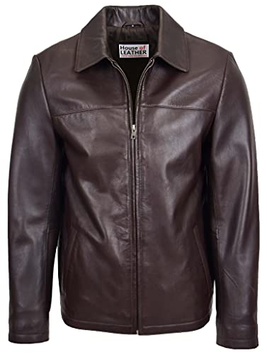 House of Leather Herren Echt Leder Harrington Jacke Klassisch Reißverschluss Schachtel Stil James Braun M von House of Leather