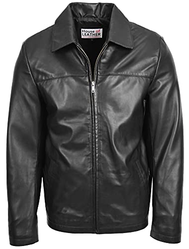 House of Leather Herren Echt Leder Harrington Jacke Klassisch Reißverschluss Schachtel Stil James Schwarz XXL von House of Leather