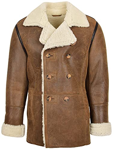 House of Leather Herren Echt Schaffell Jacke Doppelt Gebrüstet Erbsenmantel Reefer Theo Cognac 3XL von House of Leather