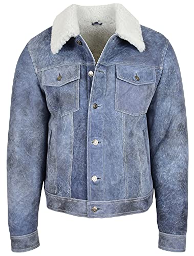 House of Leather Herren Echt Schaffell Trucker Shearling Jacke Noah Denim Blau XL von House of Leather