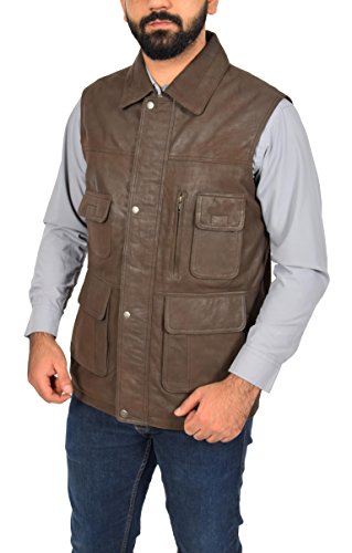 House of Leather Herren Echtes Leder Weste Gilet Mehr Taschen weste Angeln Wandern Lässige ROGER Braun (XL - EU 52) von House of Leather