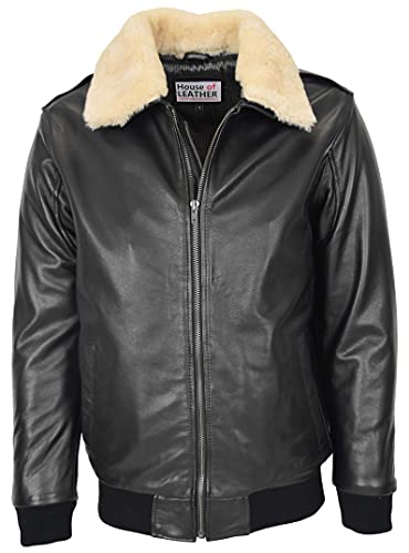 House of Leather Herren Leder Bomber Jacke Abnehmbar Kragen Flieger Pilot Stil Viggo Schwarz L von House of Leather