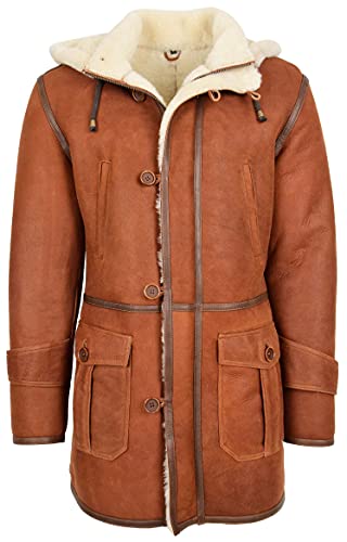 House of Leather Herren Real Schaffell Seesack Mit Kapuze Mantel 3/4 Länge Shearling Vincent Whiskey 3XL von House of Leather