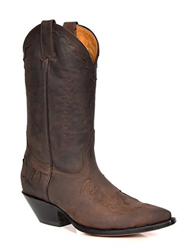 House of Leather Leder Cowboy Stiefel überstreifen Spitzschuh Wadenlänge Western Absatz 01AR-HI Braun (EU 45) von House of Leather