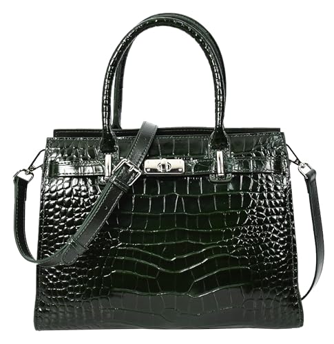 House of Luggage HLG120 Damen-Handtasche aus Leder mit Krokodilleder-Griff, grün, Small von House of Luggage