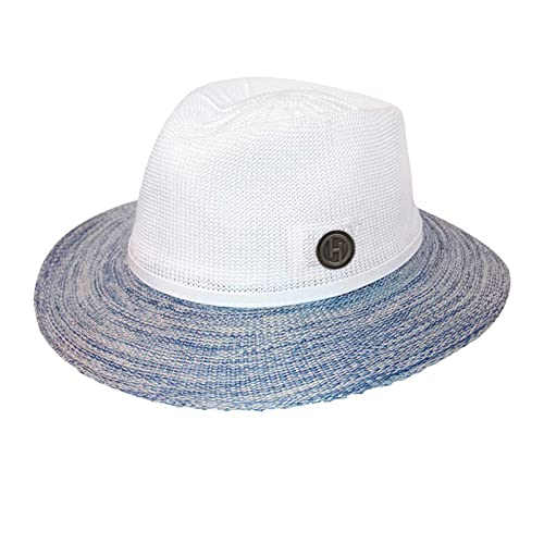 House of Ord Cape Town Aston Fedora Sonnenhut Damen Packbarer Golfhut mit Golfballmarker Eleganter Strohhut mit UV Schutz - 4 Farben in Größe M/58cm - Größe: M-L: 58 cm Farbe: Weiß/Blau von House of Ord Cape Town