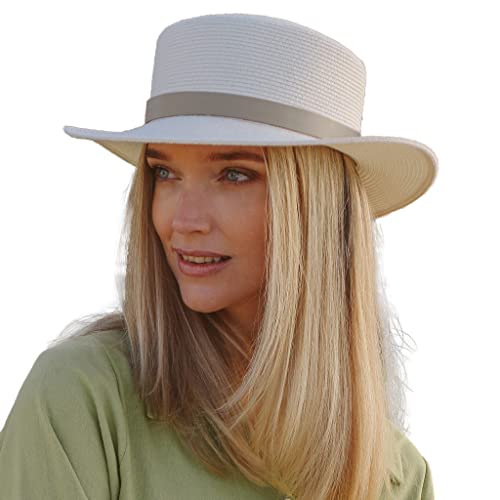 House of Ord Cape Town Azur Boater Hut Damen Sonnenhut UV Schutz Sommer Strohhut - Größe M/58cm einstellbar - Größe: M-L: 58 cm Farbe: Ivory von House of Ord Cape Town