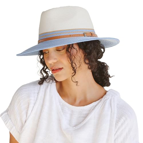 House of Ord Cape Town Bella Fedora Sonnenhut Damen Faltbarer Strohhut Sommerhut mit UV Schutz - in Größe M/58cm in 6 Farben - Größe: M/L: 58 cm Farbe: Ivory/Blau von House of Ord Cape Town