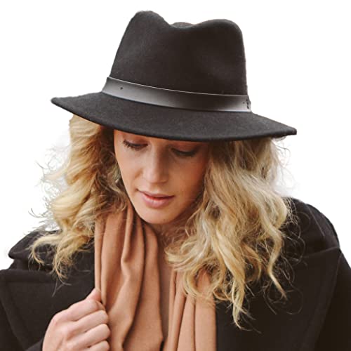 House of Ord Cape Town Blake Fedora Filzhut Damen 100% Wollfilzhut Herren Winterhut Herbst Hut UV Schutz - in Größen M/57cm, L/59cm, XL/61cm - Größe: M/L: 57 cm Farbe: Schwarz von House of Ord Cape Town