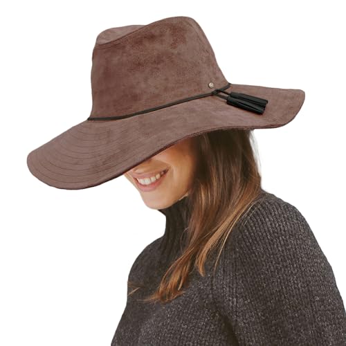 House of Ord Cape Town Celeste Winter Fedora Herbst Hut Damen 100% Polyester Suede UV Schutz - in 2 Farben in Größe M/58cm - Größe: M/L: 58 cm Farbe: Braun von House of Ord Cape Town