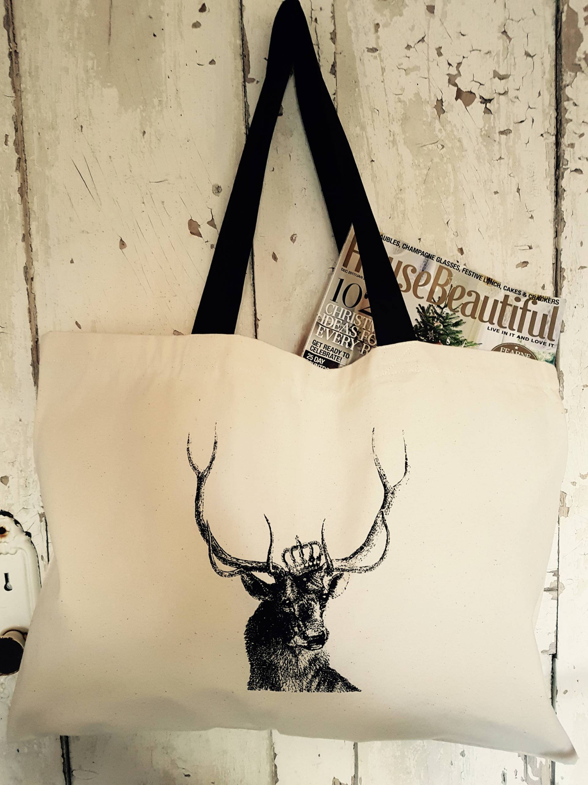Große Naturfarbene Canvas-Einkaufstasche Mit Hirsch-Print in Schwarz Oder Marineblau Große Naturfarbene Canvas-Einkaufstasche Mit Hirsch-Print in Schwarz Oder Marineblau von House35interiors