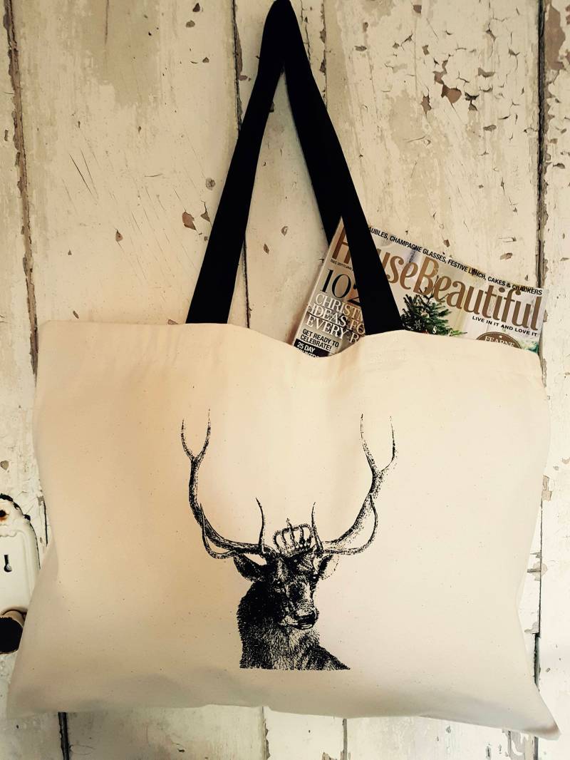 Große Naturfarbene Canvas-Einkaufstasche Mit Hirsch-Print in Schwarz Oder Marineblau Große Naturfarbene Canvas-Einkaufstasche Mit Hirsch-Print in Schwarz Oder Marineblau von House35interiors