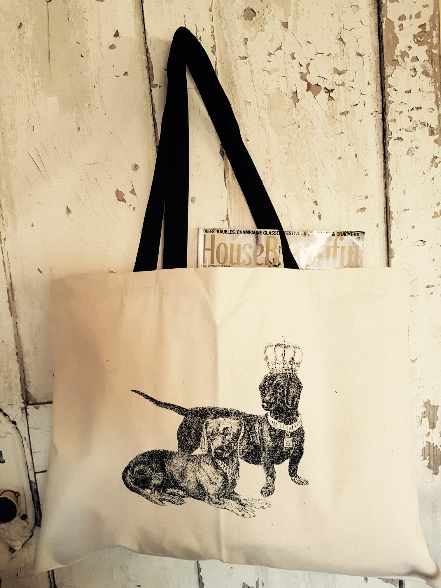 Große Naturfarbene Henkeltasche Mit Dackeldruck in Schwarz Oder Marineblau Große Naturfarbene Henkeltasche Mit Dackeldruck in Schwarz Oder Marineblau von House35interiors