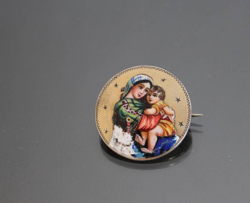 Antike 800Er Silber Mutter Maria Emaille Brosche. Jugendstil Madonna. Vintage Katholik von HouseOf3Cats