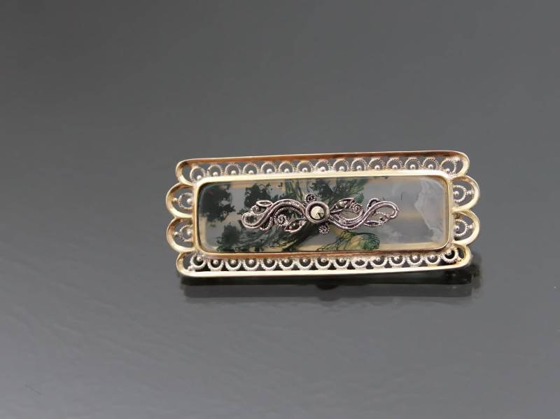 Art Deco Brosche, Moosachat, Gelbgoldwäsche. Silber 800. Markasit, Vintage Anstecknadel von HouseOf3Cats