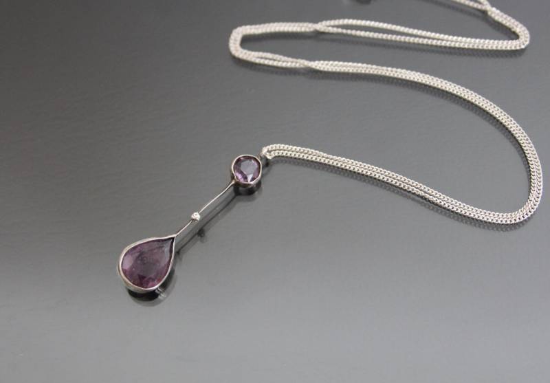 Jugendstil Edwardian Lavaliere Halskette 835 Silber. Amethyst Drop in Lünette Set, Offener Rücken von HouseOf3Cats