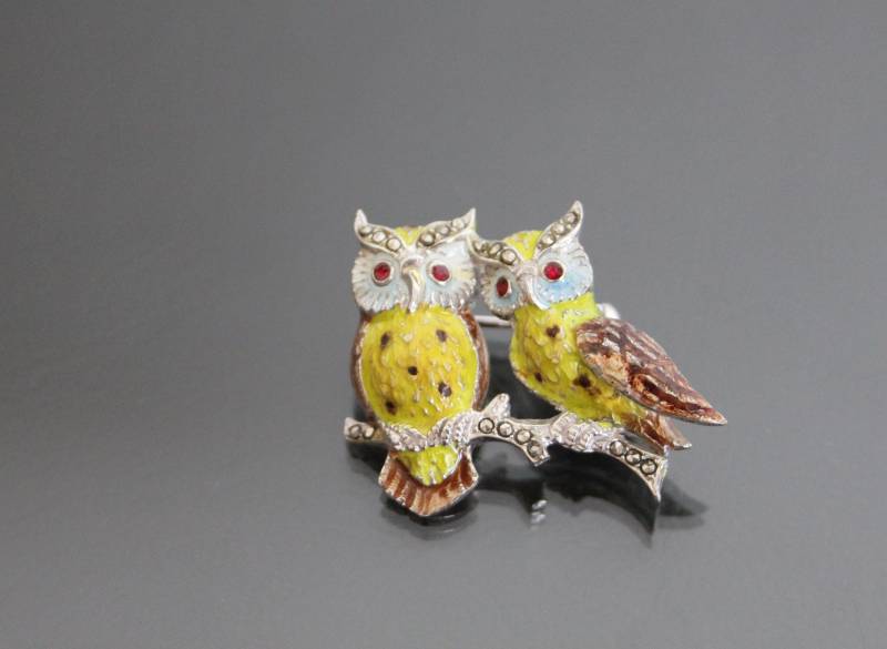 Vintage Emaille Markasit Brosche. Eule, Eulen, 900Er Silber Germany in Alice Caviness Style von HouseOf3Cats