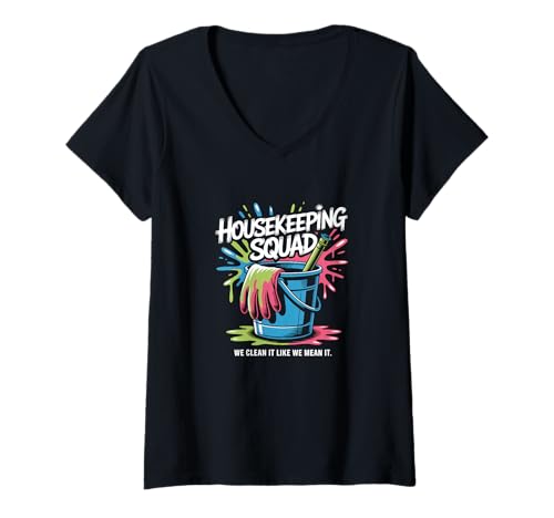 Damen Lustiges Housekeeping Squad We Clean It Housekeeper T-Shirt mit V-Ausschnitt Damen Lustiges Housekeeping Squad We Clean It Housekeeper T-Shirt mit V-Ausschnitt von Housekeeping Housekeepers Cleaning Apparel & Gifts