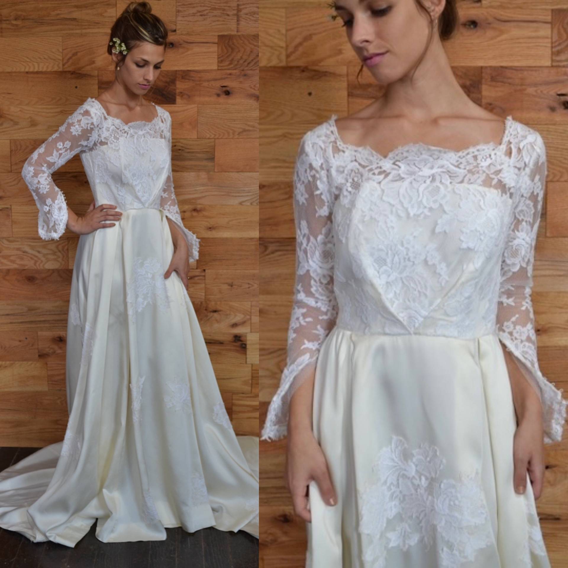 Sale 25%vintage Lace Sleeve Mieder Hochzeitskleid Mit Langem Satinrock Und Zug Traditionell Formal Brautkleid Weiß Creme Von Der Schulter von HouseofCeremony