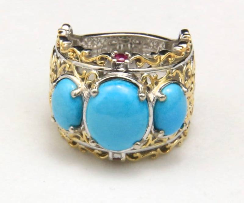 Dornröschen Türkis 3 Stein Ring Scrolling Sterling Silber Gold Größe 6, 25 von HouseofVintageOnline