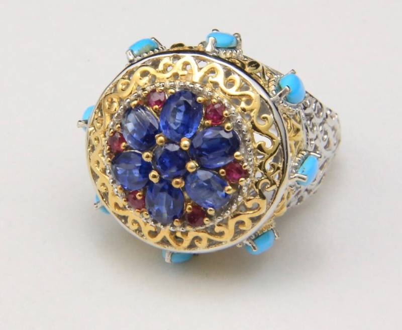 Große Kuppel Ring Multi-Gemstone Blau Rot Sterling Silber & Gold Waschen Größe 7, 5 von HouseofVintageOnline