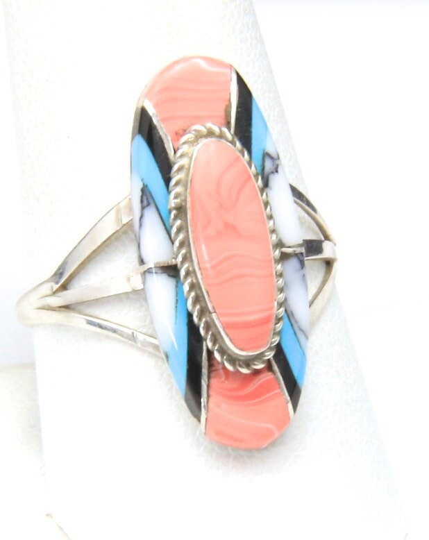 Jahrgang Zuni Multi Stein Inlay Ring Rosa Rhodochrosite Sterling Signiert Fm Sz 10 von HouseofVintageOnline