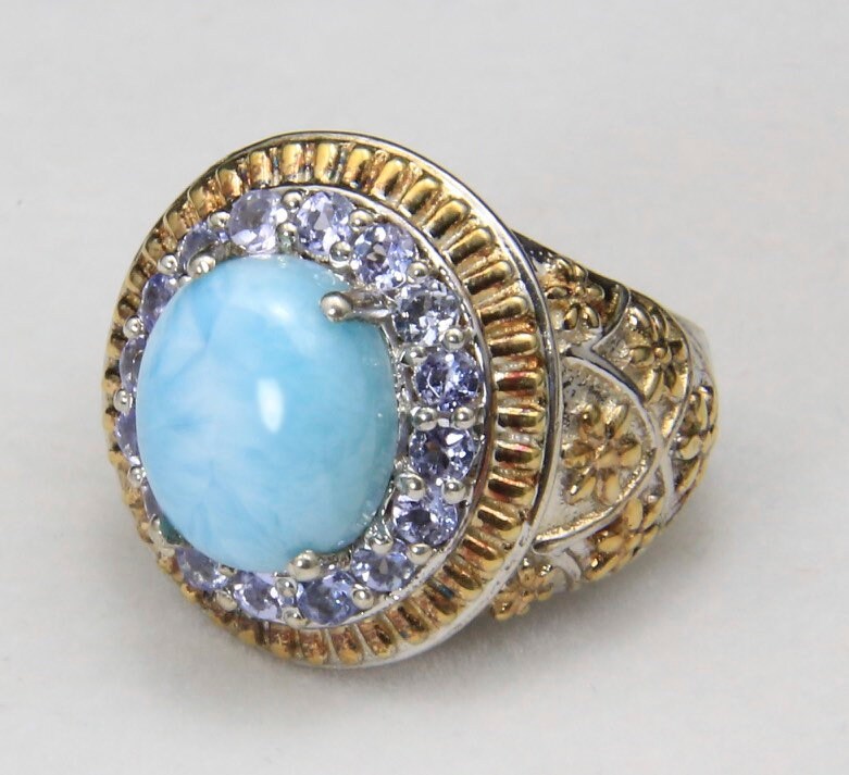 Larimar & Tanzanite Sterling Silber 14 K Gold Overlay Statement Ring Größe 6, 25 von HouseofVintageOnline