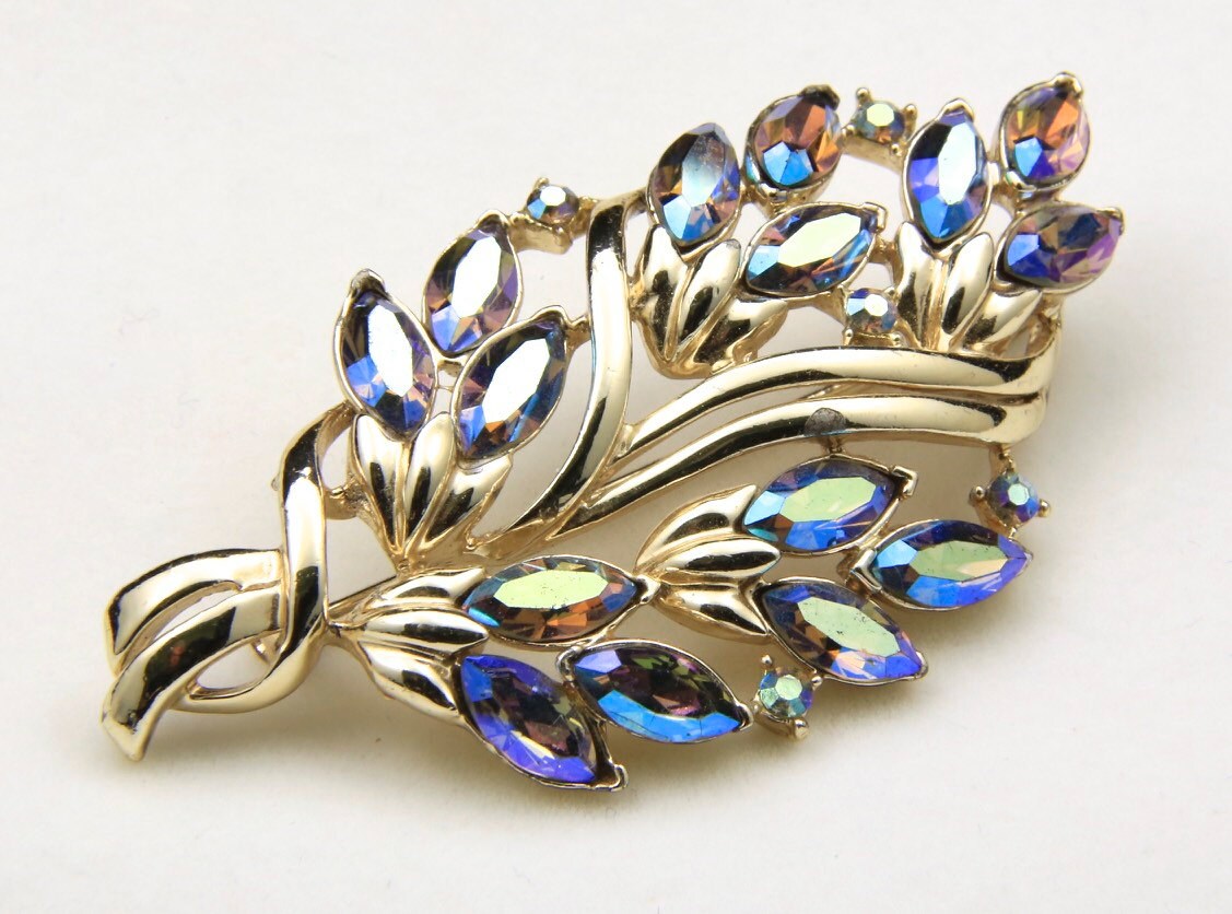 Vintage 1960Er Aurora Borealis Strass Blatt Baum Brosche Retro Kostüm Schmuck von HouseofVintageOnline