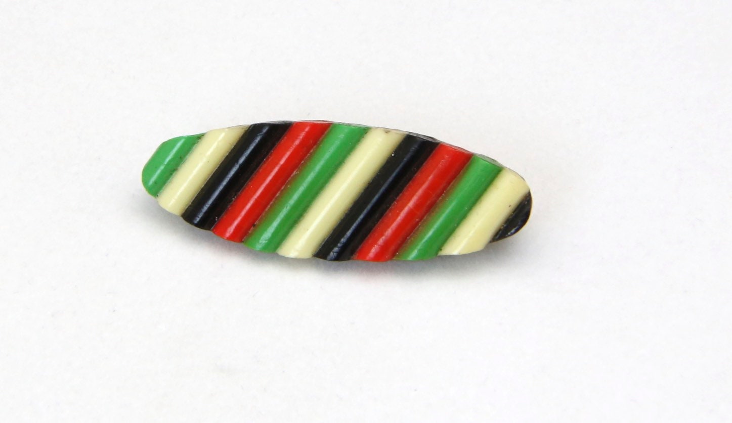Vintage Art Deco Lucite Stripes Bars Oval Pin Brooch Retro Modernist Multi-Color von HouseofVintageOnline