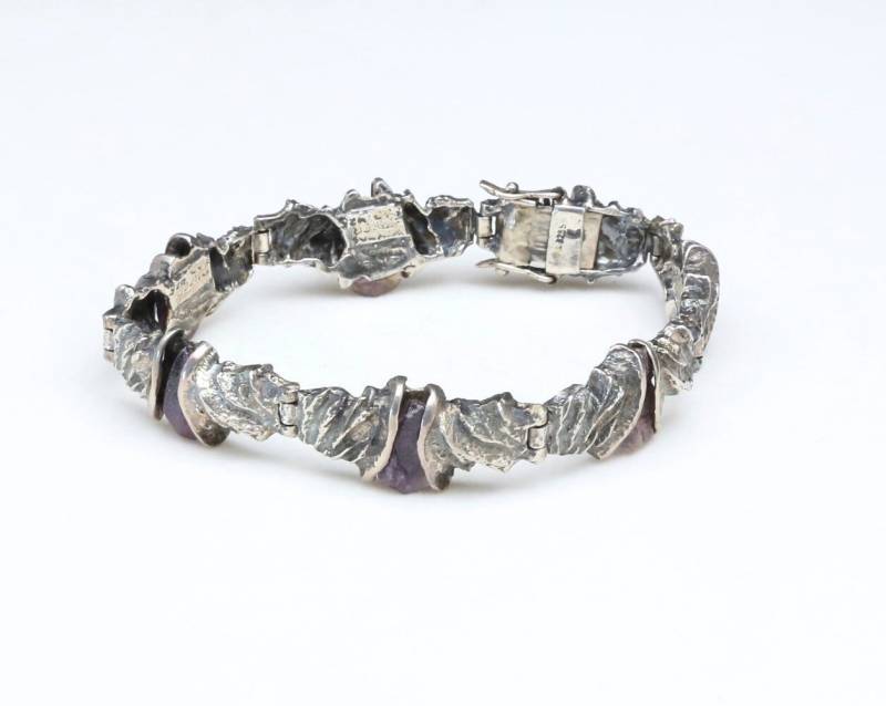 Vintage Artisan Brutalist Sterling Silber Amethyst Stone Link Armband Unterzeichnet von HouseofVintageOnline