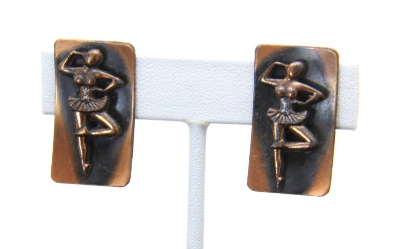 Vintage Ballet Dancer Copper Clip On Earrings Modernist Oxidized Black Mcm von HouseofVintageOnline