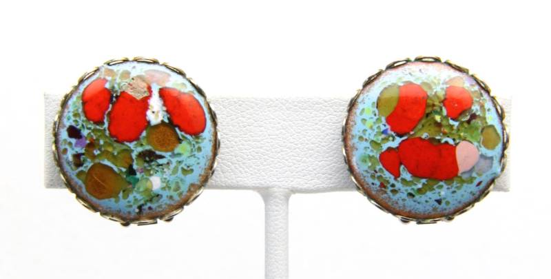 Vintage Blue Orange Speckle Enamel Copper Clip On Round Earrings Modernist Mcm von HouseofVintageOnline