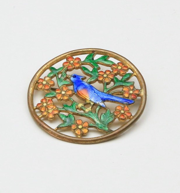 Vintage Emaille Blaue Vogel Kreis Brosche Anstecknadel Mit Blumen & Zweigen Frühling von HouseofVintageOnline
