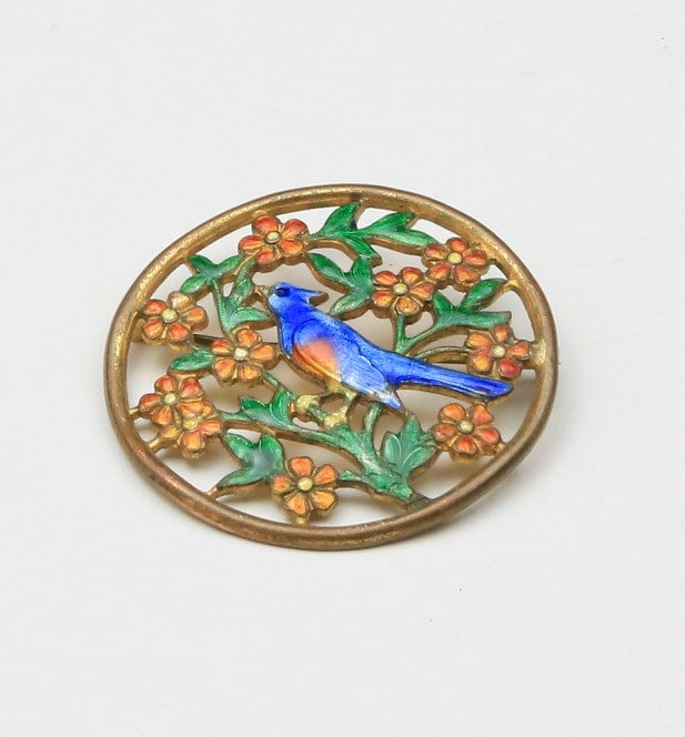 Vintage Emaille Blaue Vogel Kreis Brosche Anstecknadel Mit Blumen & Zweigen Frühling von HouseofVintageOnline