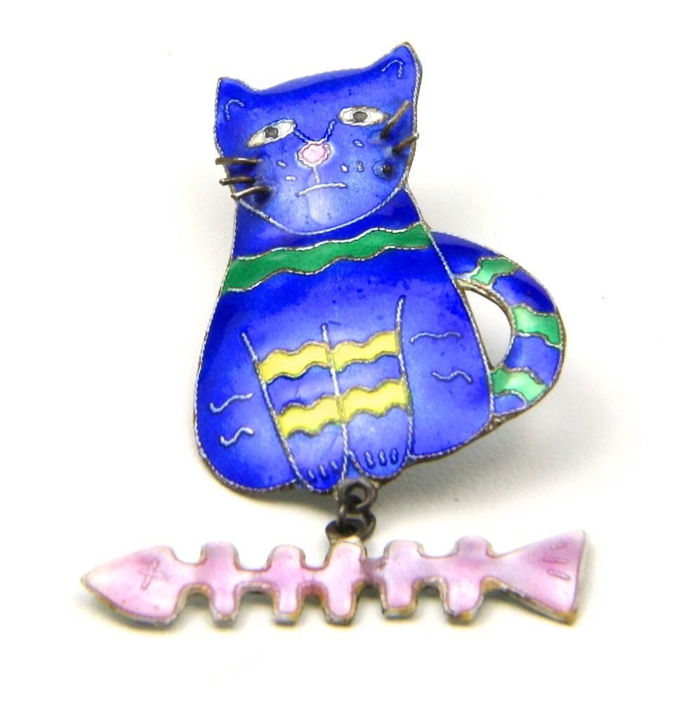 Vintage Emaille Kitty Katze & Fischgräte Brosche Bunt Blau Rosa Gelb Grün Handwerker von HouseofVintageOnline