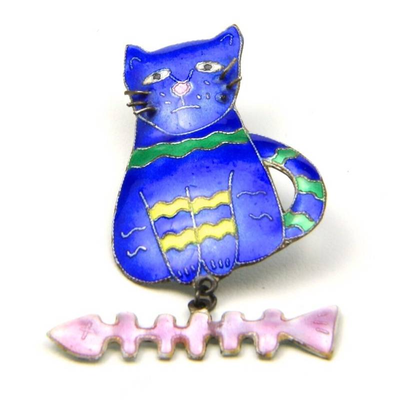 Vintage Emaille Kitty Katze & Fischgräte Brosche Bunt Blau Rosa Gelb Grün Handwerker von HouseofVintageOnline