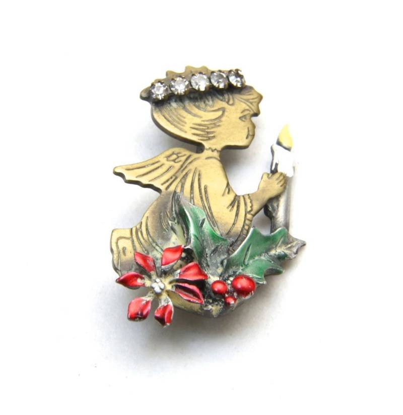 Vintage Gci Angel Holly Poinsettia Candle Pin Brooch Rhinestone Halo Graviert von HouseofVintageOnline