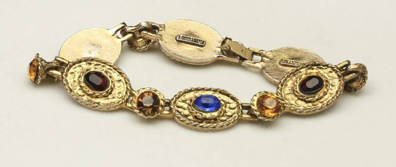 Vintage Gold Ton Hollycraft Blau Bernstein Dunkel Rot Strass Link Armband von HouseofVintageOnline