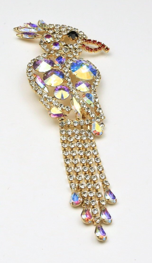 Vintage Große Aurora Borealis Strass Papagei Brosche Pin Vogel Schmuck von HouseofVintageOnline