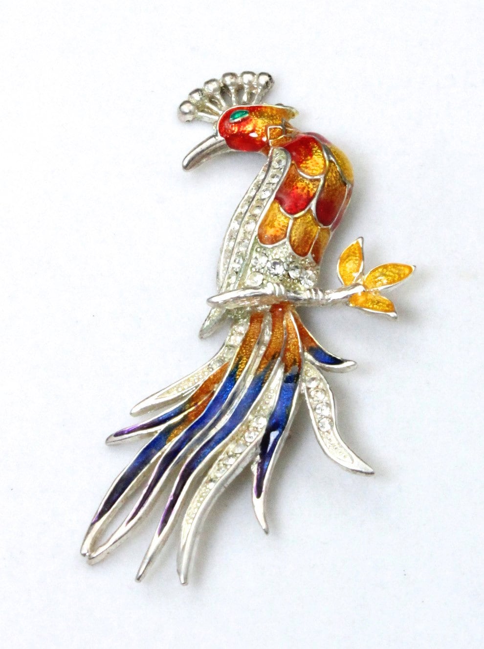 Vintage Große Multi Farbe Pfau Pin Brosche Strass & Emaille Vogel Gelb von HouseofVintageOnline