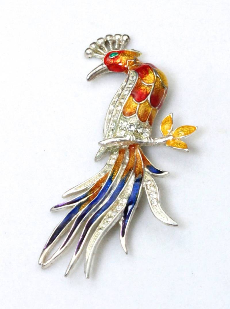 Vintage Große Multi Farbe Pfau Pin Brosche Strass & Emaille Vogel Gelb von HouseofVintageOnline